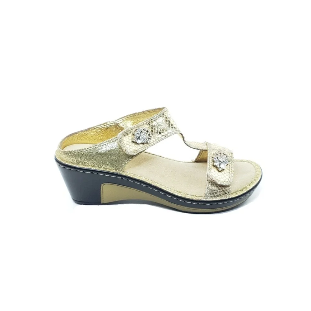 Alegria Lara Wedge Sandals Womens Gold Snake Embossed Leather EU 38 US 7.5 8